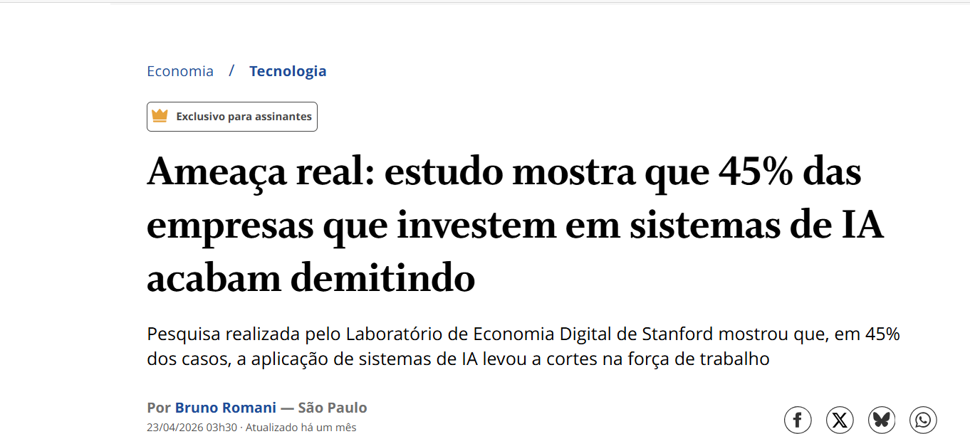 Manchete sobre estudo que relaciona investimentos em sistemas de IA a demissões