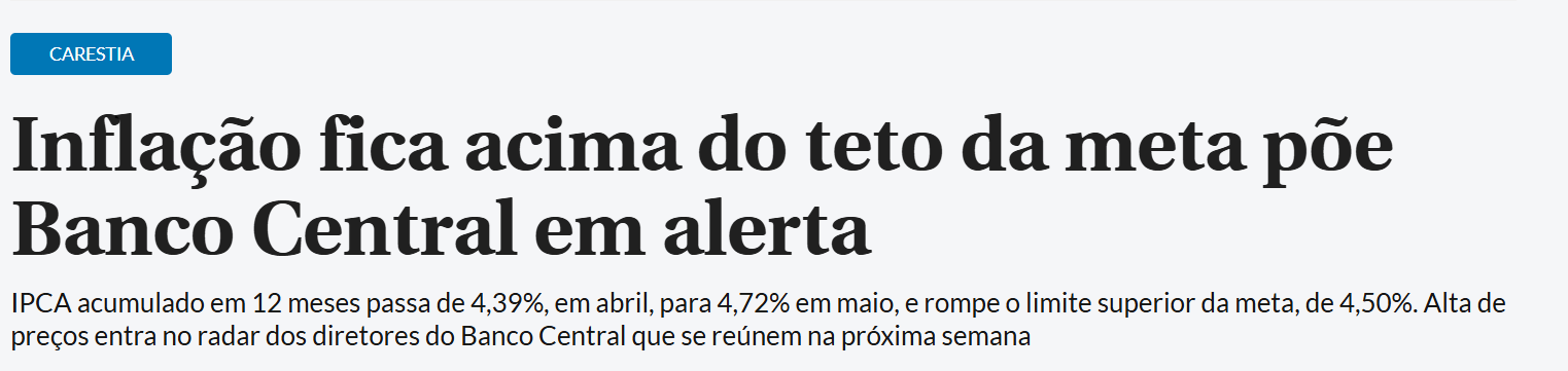 Manchete: Inflação fica acima do teto da meta e põe Banco Central em alerta